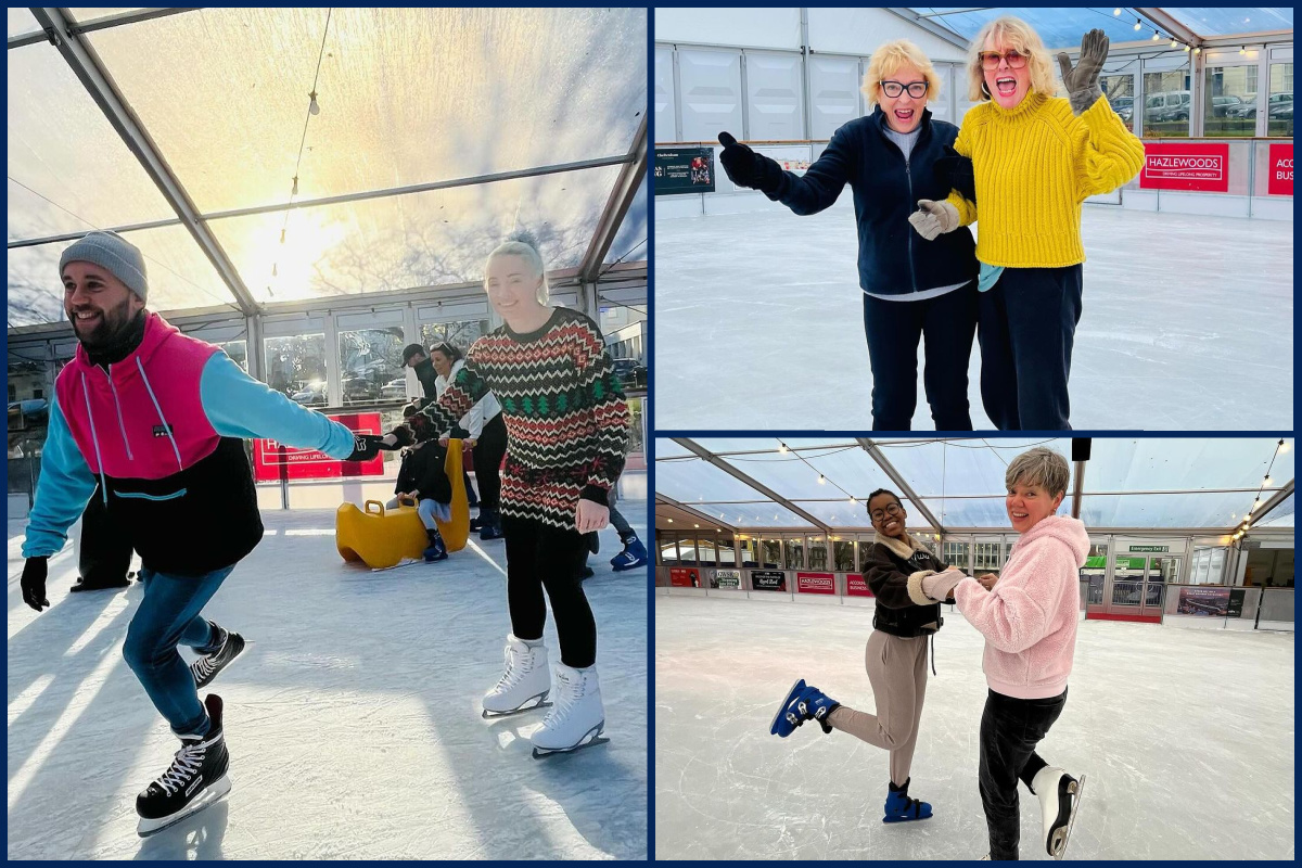 A collage of images of family and friends ice skating.